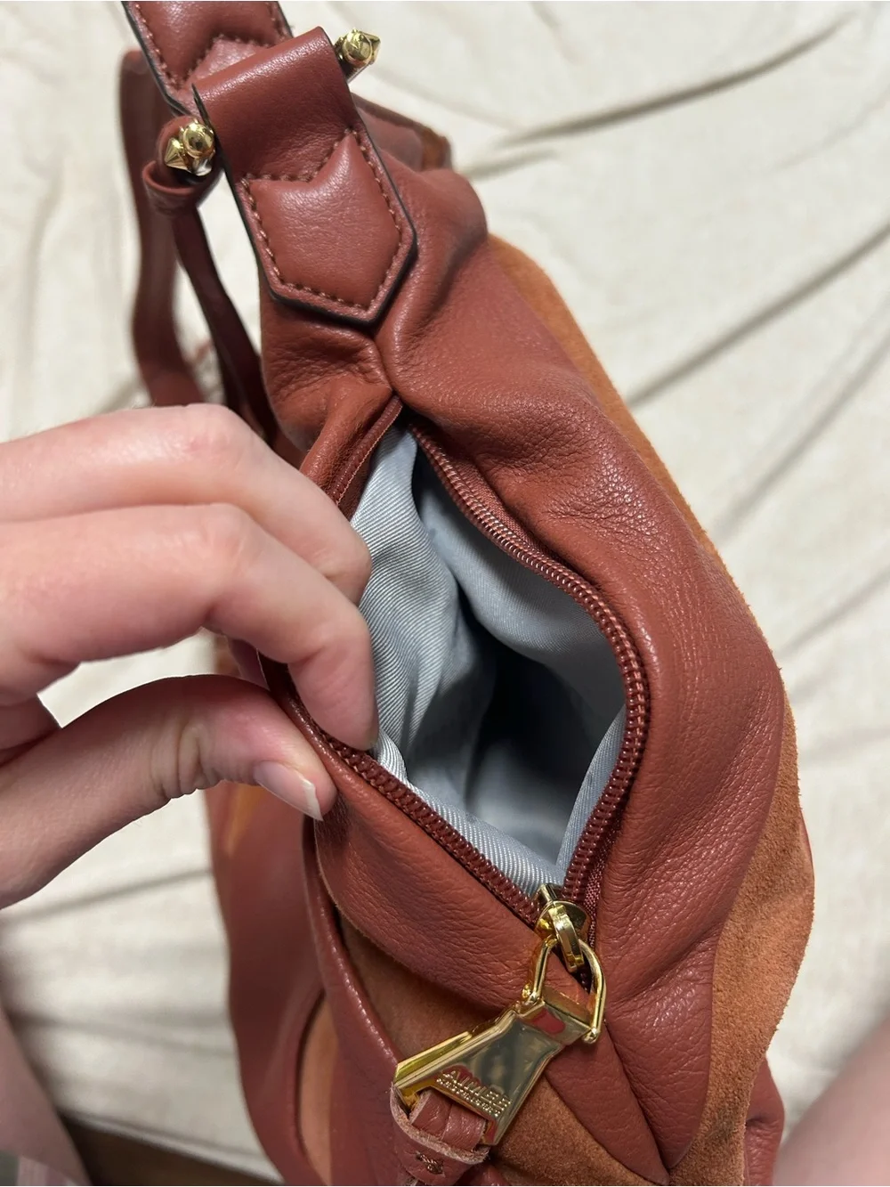 Aimee Kestenberg Tuscany Hobo Purse Bag Slouchy Paneled Suede Pebble Leather